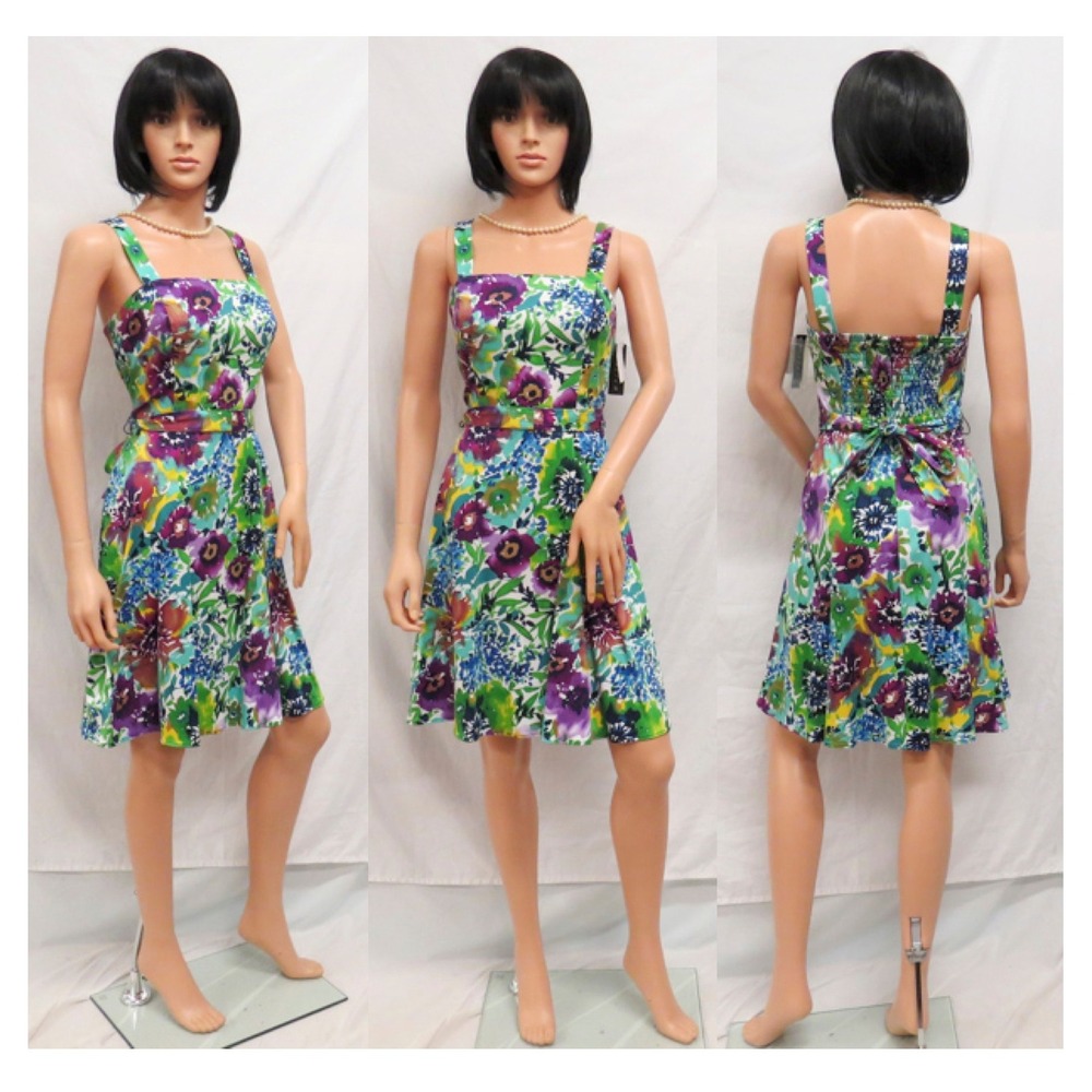 IN STUDIO Purple Green Blue Yellow White Flower Sundress Dress‎ 8P New